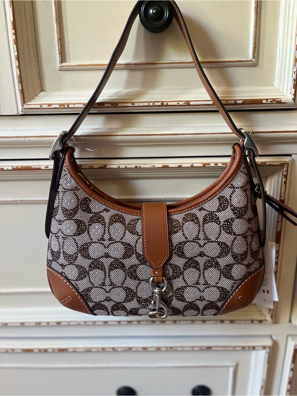 Coach Crystal Signature Jacquard Hamptons Hobo Bag Brown